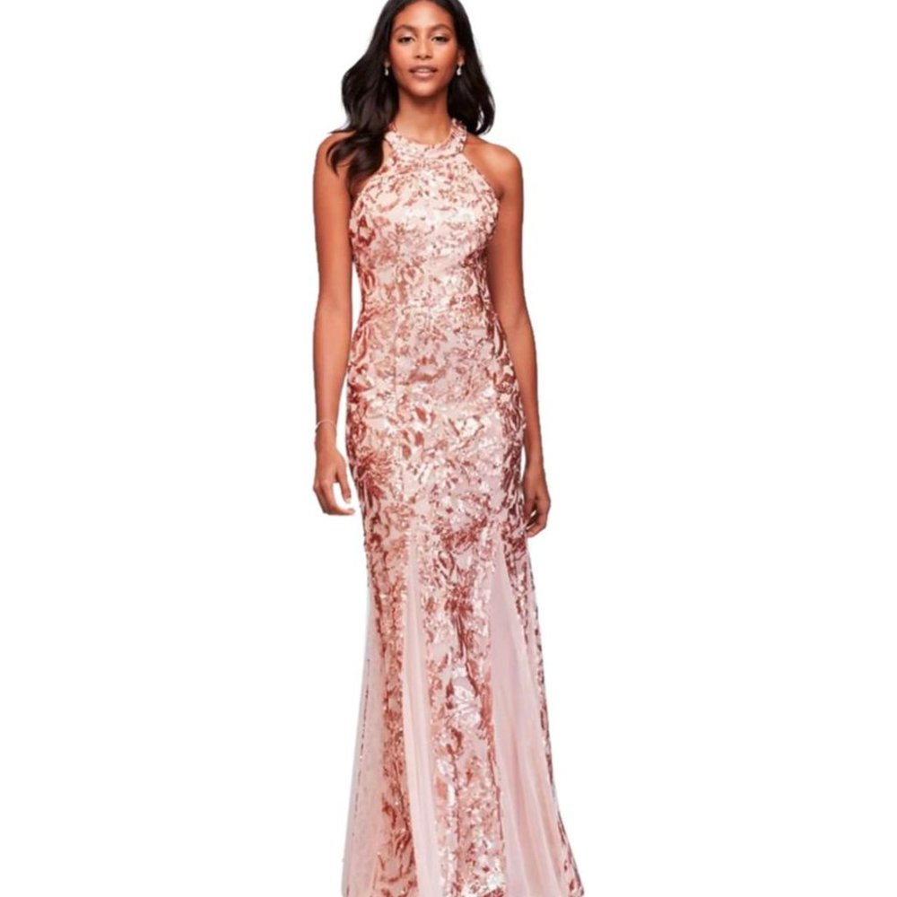 Morgan &. Co Glitter Lace and Jersey High-Neck A-Line Prom Dress Style 12445